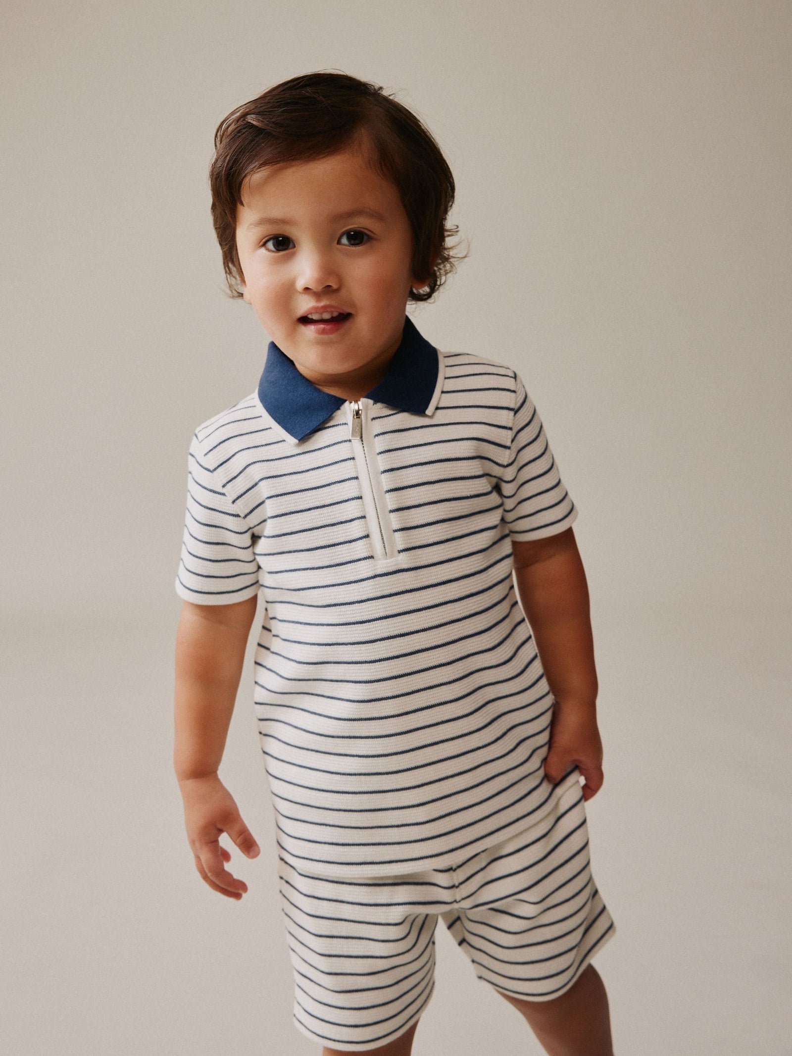 Navy/White Stripe Zip Neck Short Sleeve Polo Shirt And Shorts Set (3mths-7yrs)
