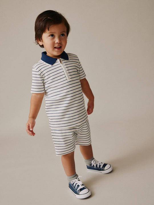 Navy/White Stripe Zip Neck Short Sleeve Polo Shirt And Shorts Set (3mths-7yrs)