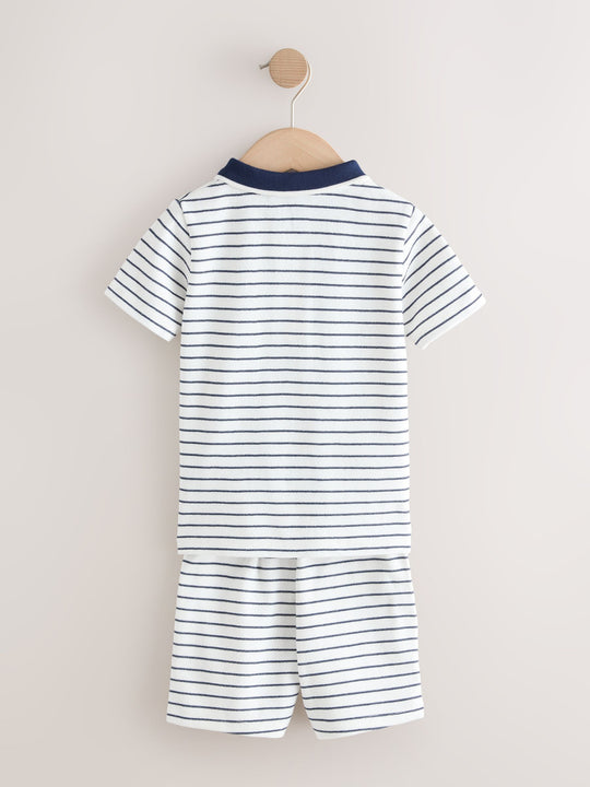 Navy/White Stripe Zip Neck Short Sleeve Polo Shirt And Shorts Set (3mths-7yrs)