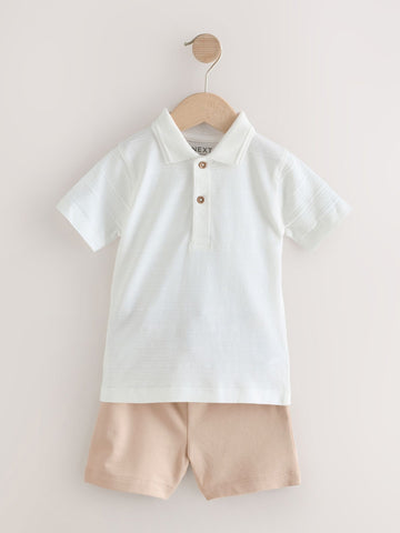 White Short Sleeve Textured Polo Shirt and Shorts Set (3mths-7yrs)