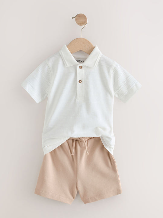White Short Sleeve Textured Polo Shirt and Shorts Set (3mths-7yrs)