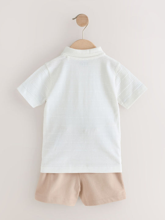 White Short Sleeve Textured Polo Shirt and Shorts Set (3mths-7yrs)