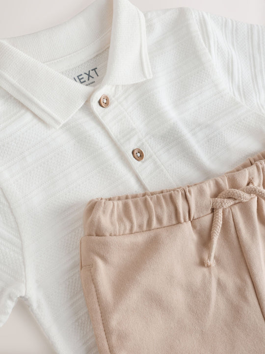 White Short Sleeve Textured Polo Shirt and Shorts Set (3mths-7yrs)