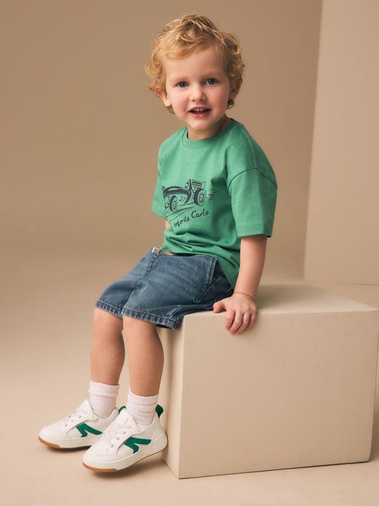 White/Green Standard Fit (F) Touch Fastening Elastic Lace Trainers