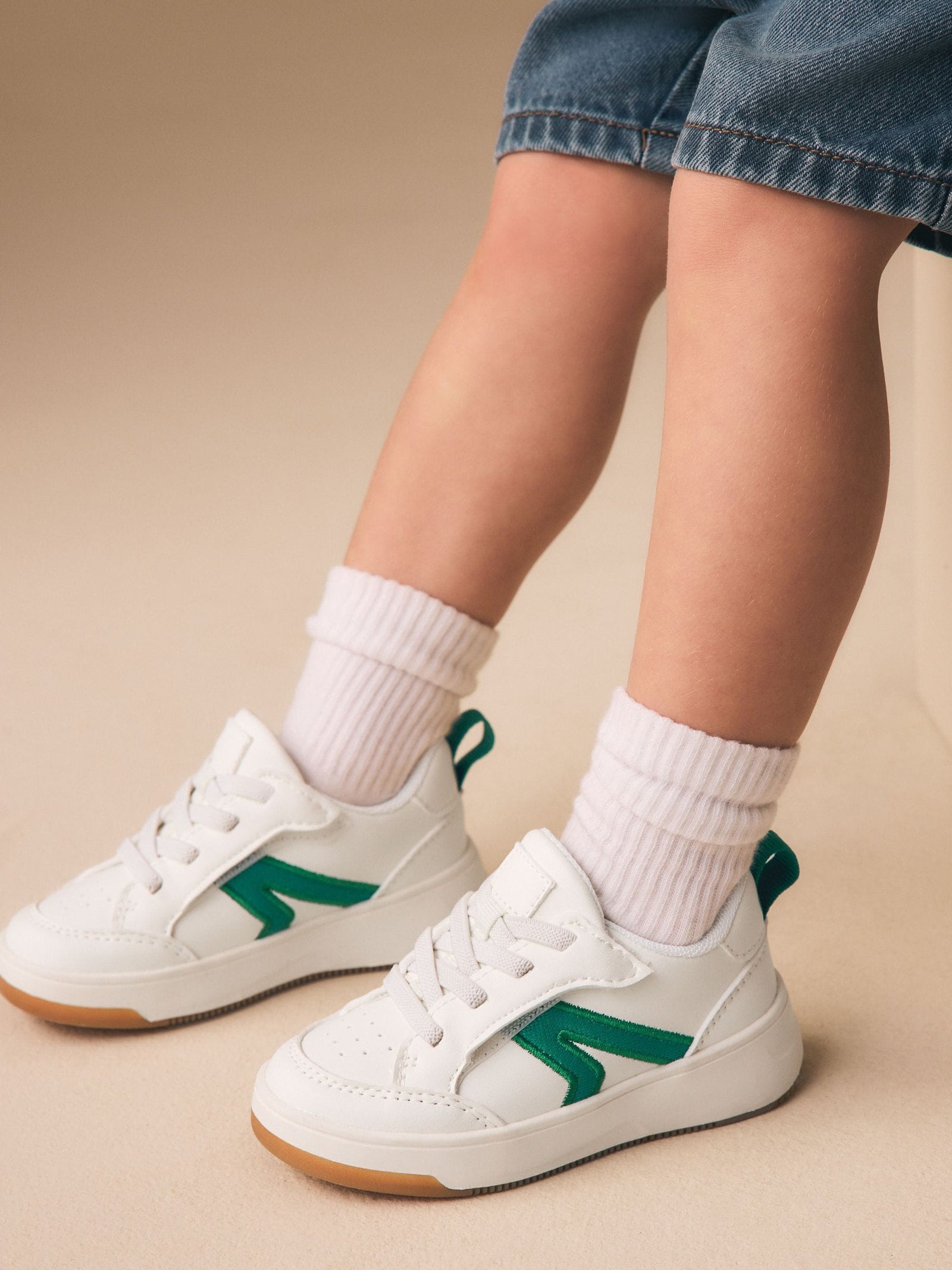 White/Green Standard Fit (F) Touch Fastening Elastic Lace Trainers