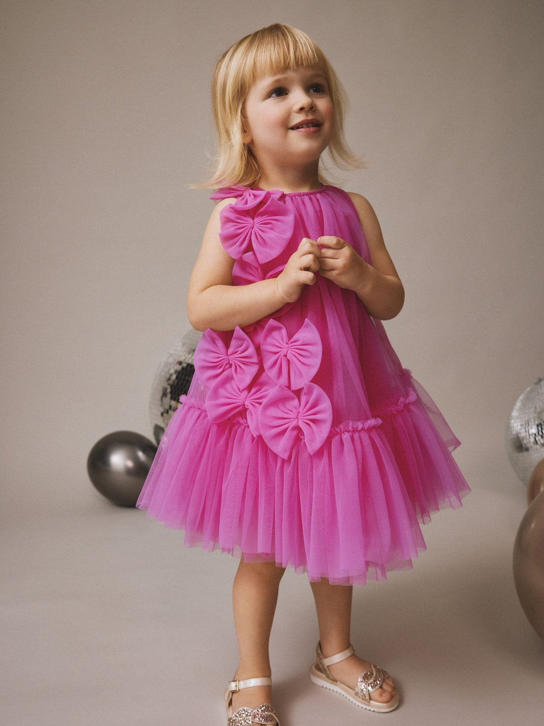 Bright Pink Bows Sleeveless Mesh Dress (3mths-7yrs)
