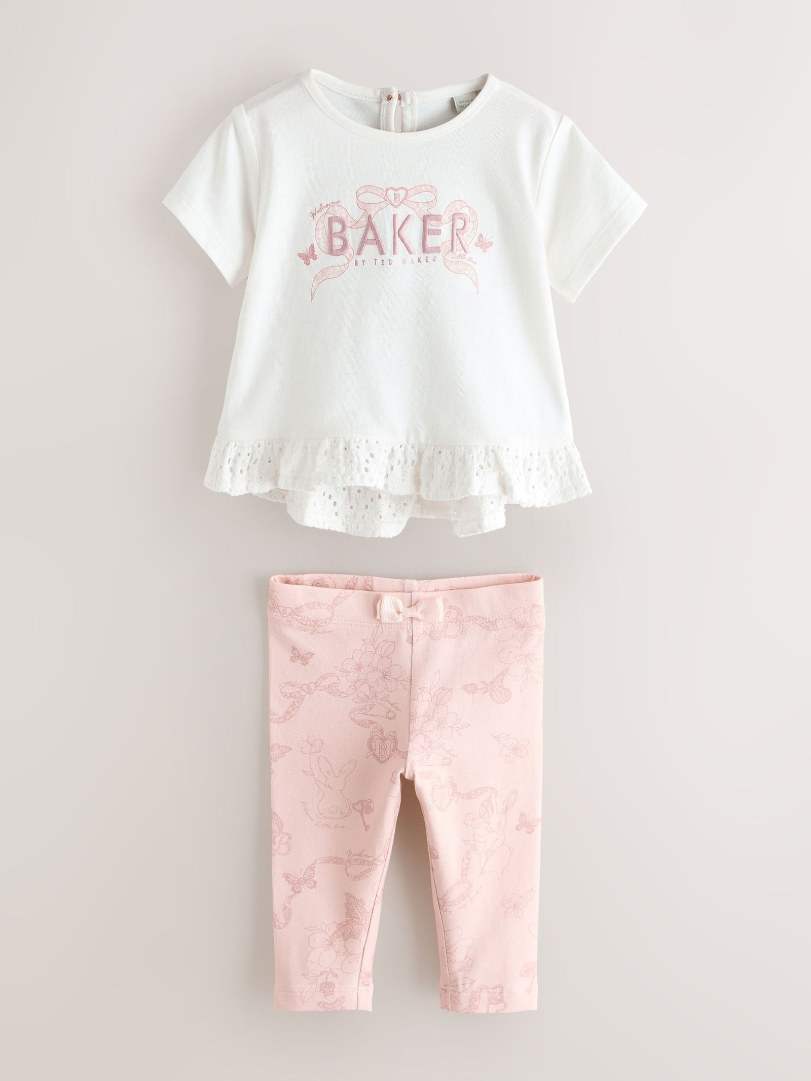 Baker by Ted Baker 2 Piece Broderie Back Peplum Pink T-Shirt & Leggings Set