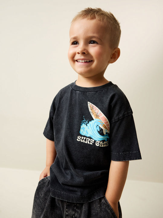Black Acid Wash Surf Club Oversized Short Sleeve Back Print T-Shirt (3mths-7yrs)
