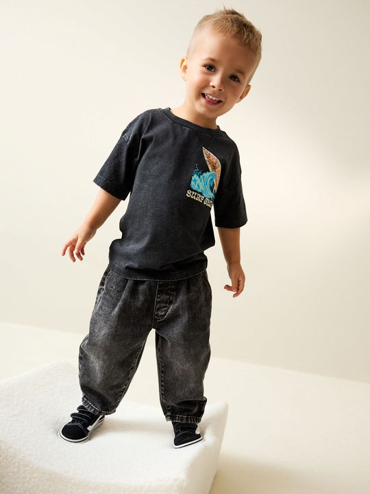 Black Acid Wash Surf Club Oversized Short Sleeve Back Print T-Shirt (3mths-7yrs)