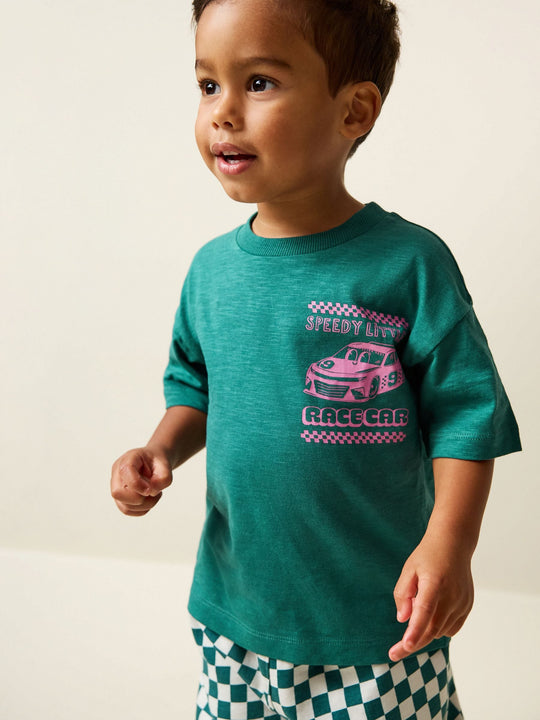 Green/Pink Race Car Short Sleeve Back Print T-Shirt (3mths-7yrs)