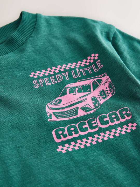 Green/Pink Race Car Short Sleeve Back Print T-Shirt (3mths-7yrs)