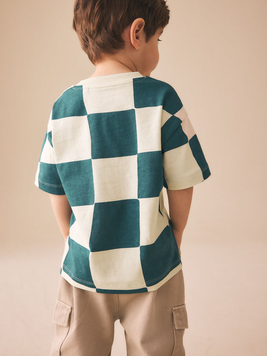 Green/White Wavy Checkerboard Short Sleeve All-Over Print T-Shirt (3 Month-7 Years) (3mths-7yrs)