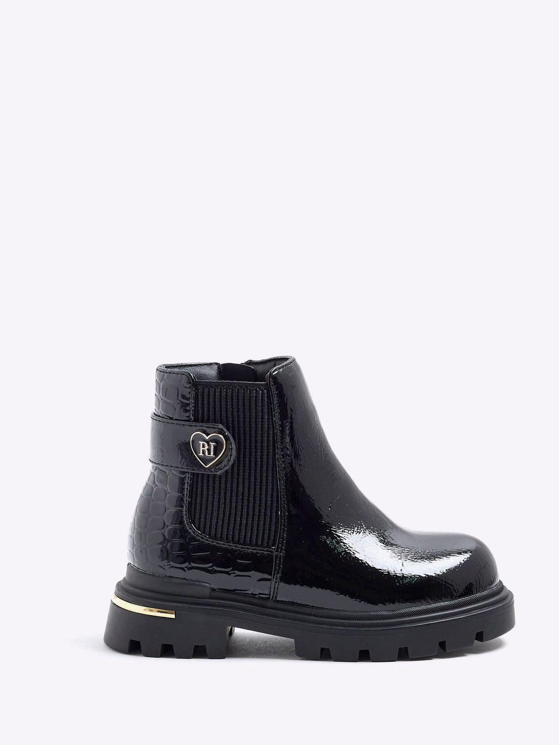 River Island Black Patent Heart Print Strap Chelsea Boots