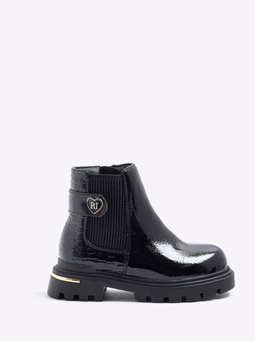 River Island Black Patent Heart Print Strap Chelsea Boots