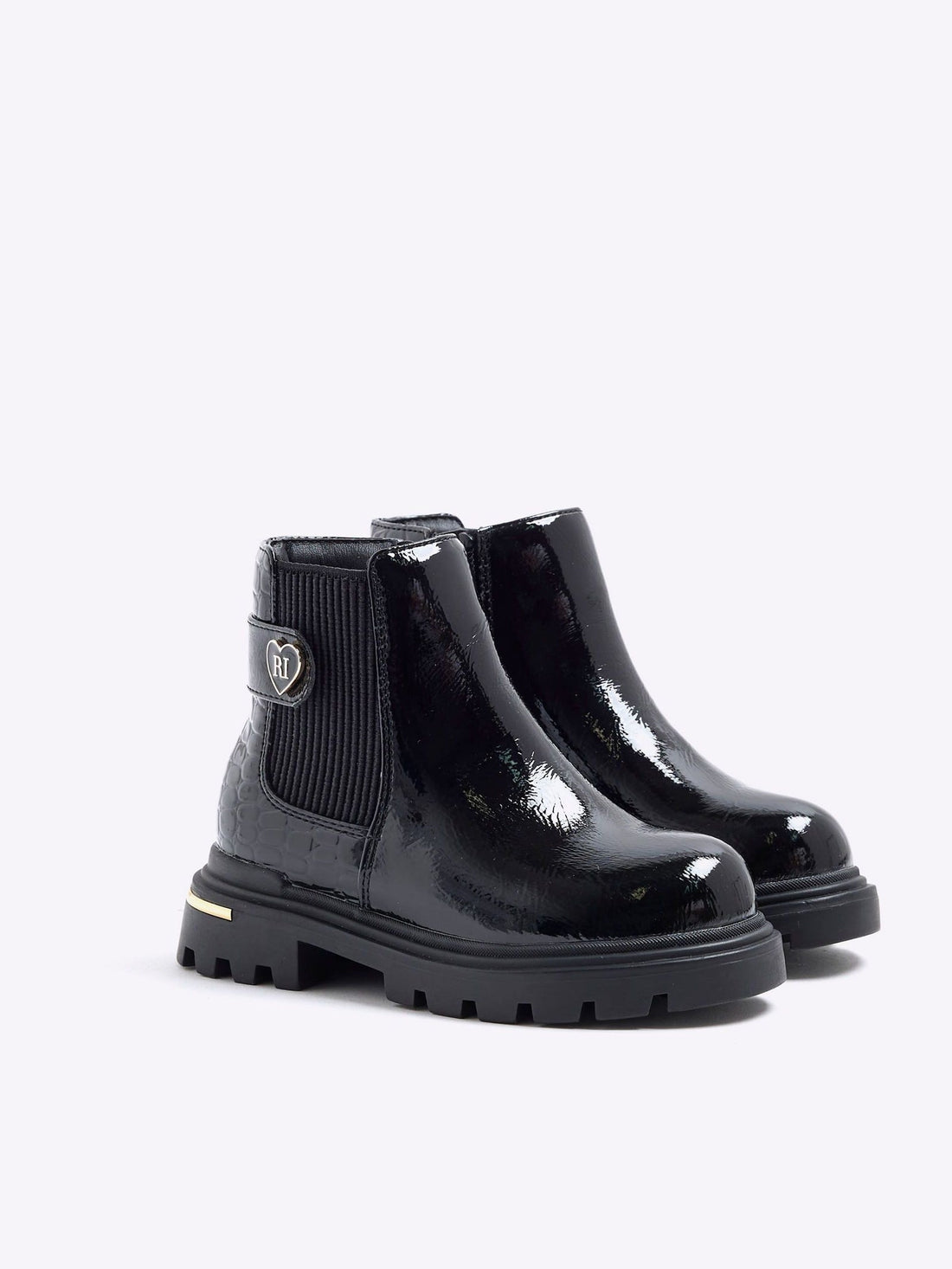 River Island Black Patent Heart Print Strap Chelsea Boots