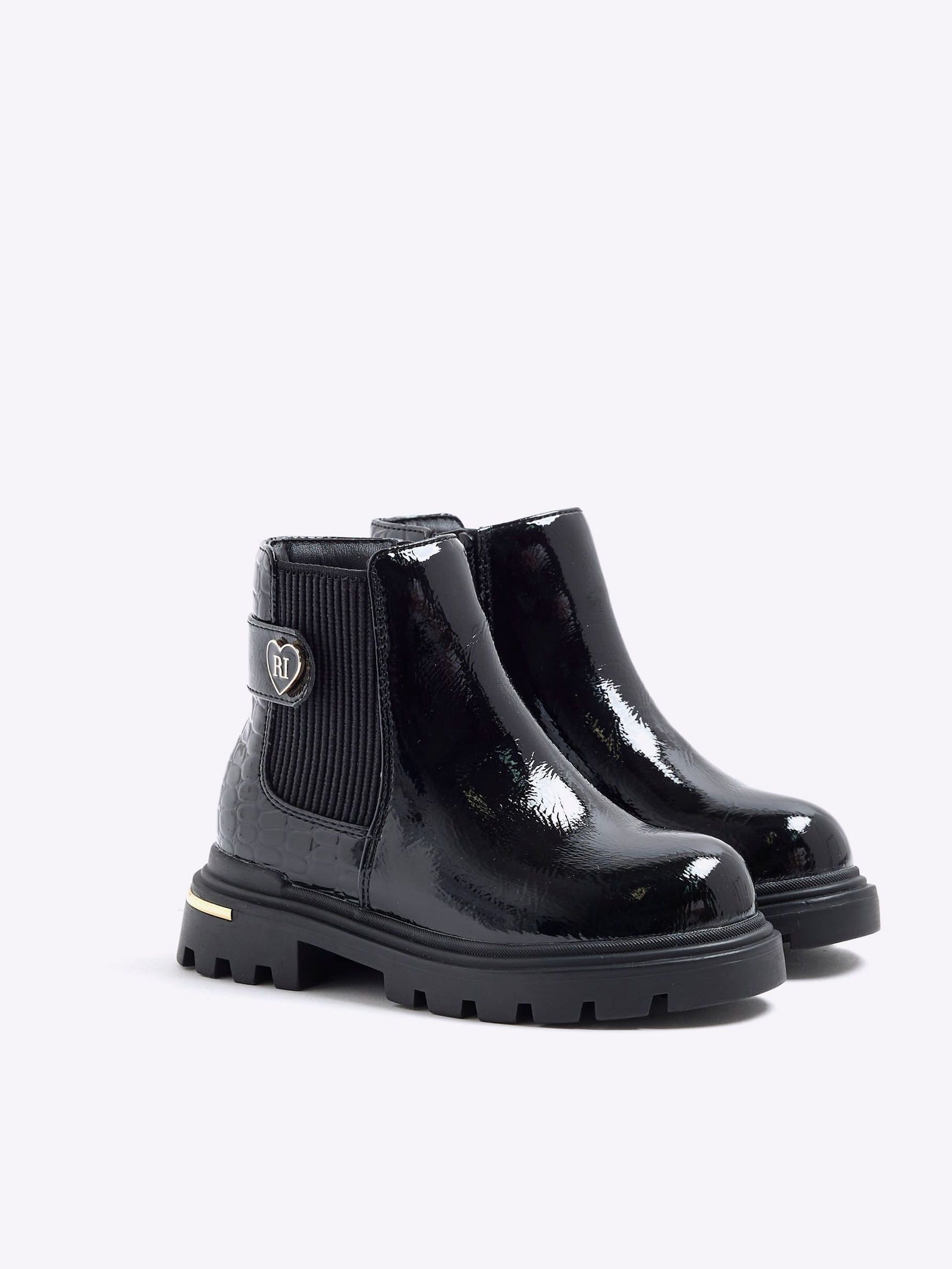 River Island Black Patent Heart Print Strap Chelsea Boots