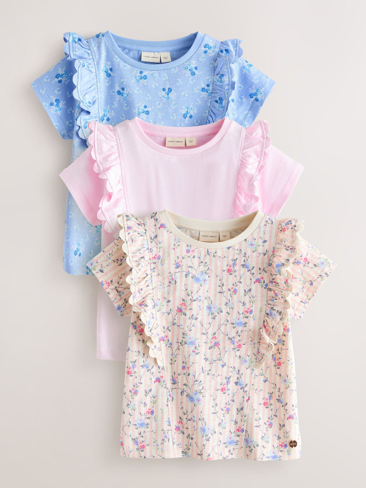Laura Ashley Pink/Blue Ric Rac Trim Short Sleeve Cotton T-Shirts 3 Pack