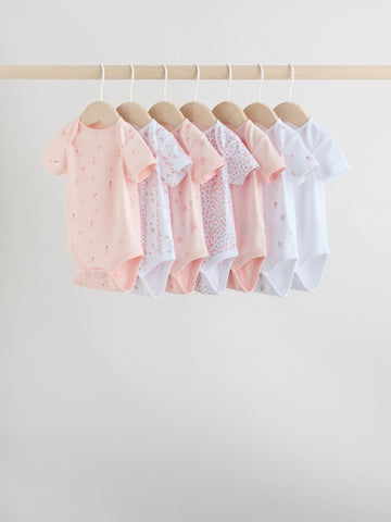Pink 7 Pack Short Sleeve Baby Bodysuit