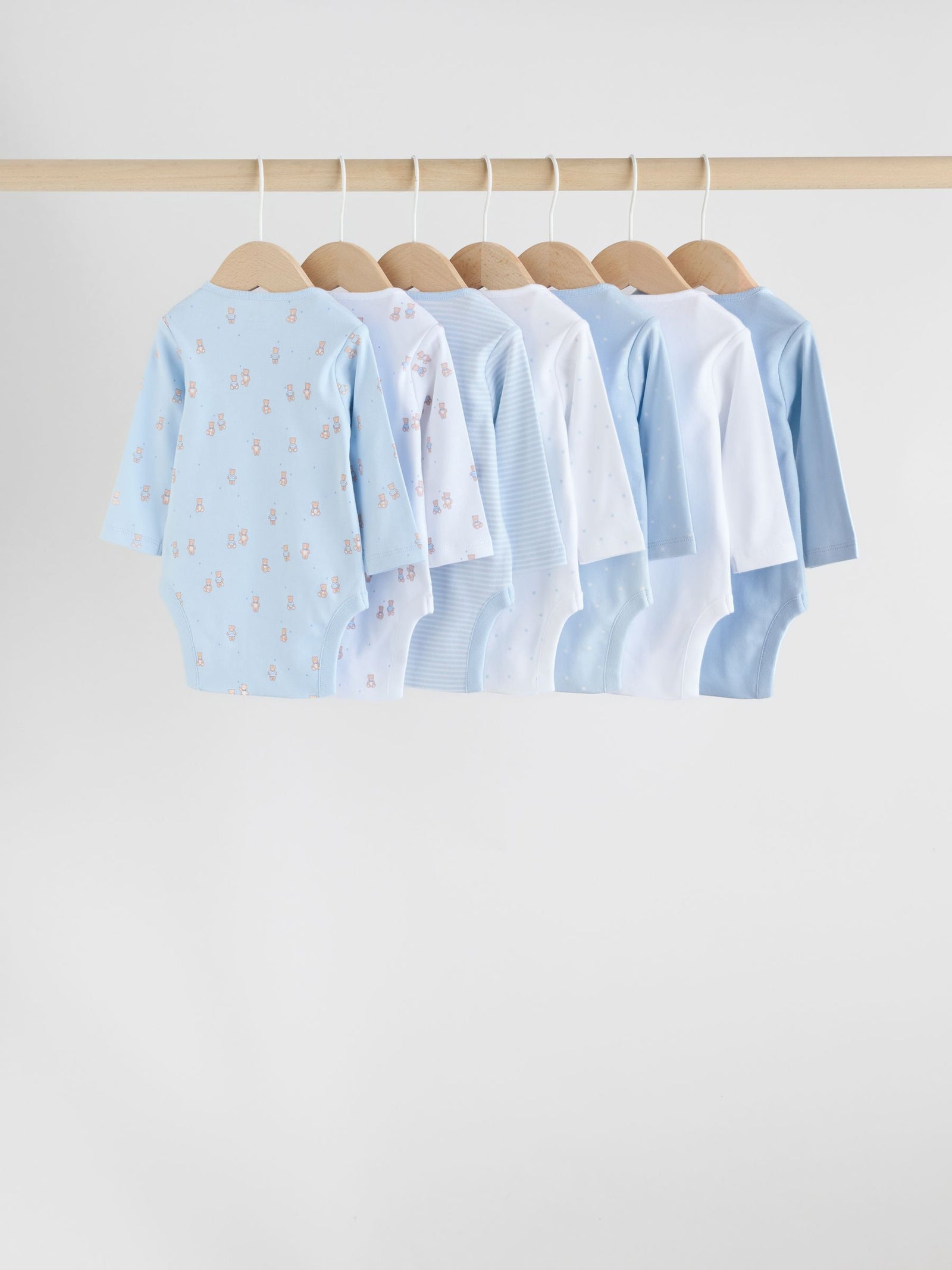 Blue 7 Pack Long Sleeved Baby Bear Bodysuit