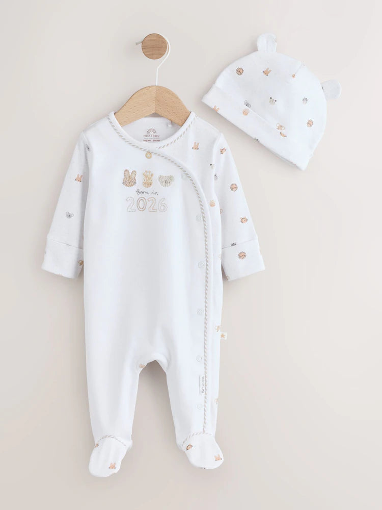 White Born in 2026 Baby Sleepsuit & Hat Set (0-9mths)
