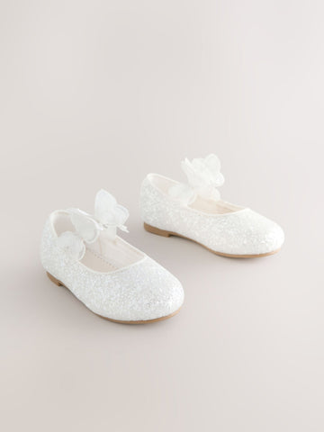 White Glitter Butterfly Strap Occasion Shoes
