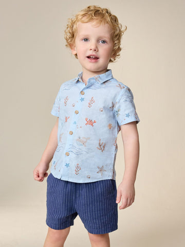 Light Blue Sea All Over Print Short Sleeve Shirt (3mths-7yrs)