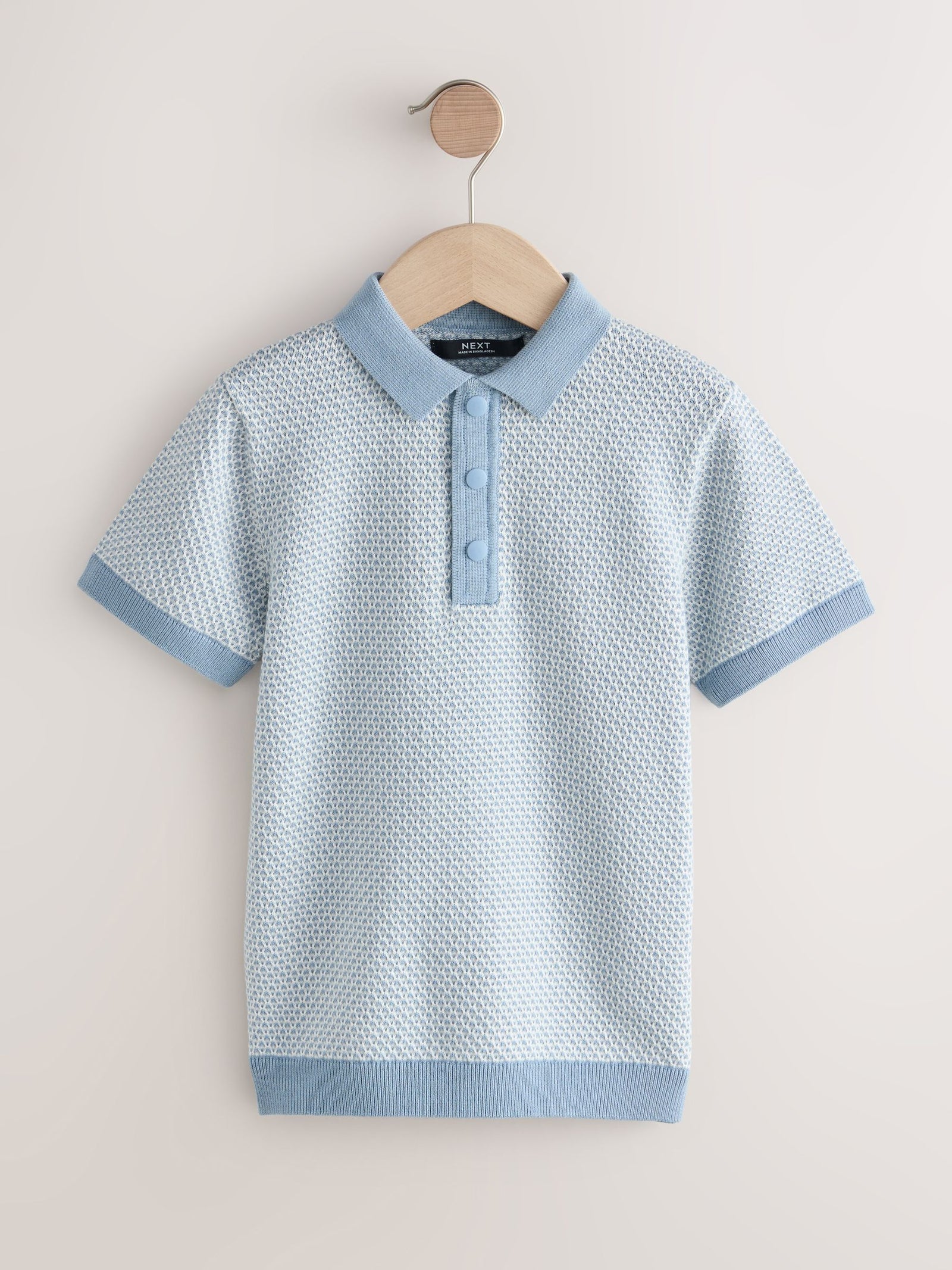 Blue Textured Popper Neck Knitted Polo Shirt (3-16yrs)