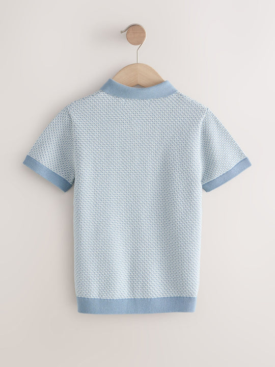 Blue Textured Popper Neck Knitted Polo Shirt (3-16yrs)