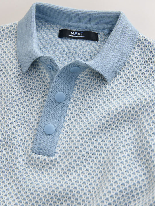 Blue Textured Popper Neck Knitted Polo Shirt (3-16yrs)