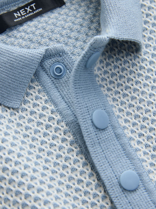 Blue Textured Popper Neck Knitted Polo Shirt (3-16yrs)