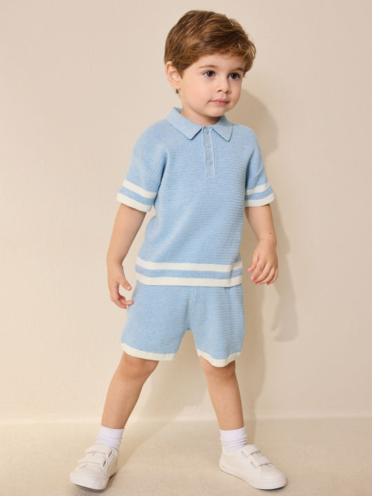 Blue Knitted Button Neck Polo Shirt and Shorts Set (3mths-10yrs)