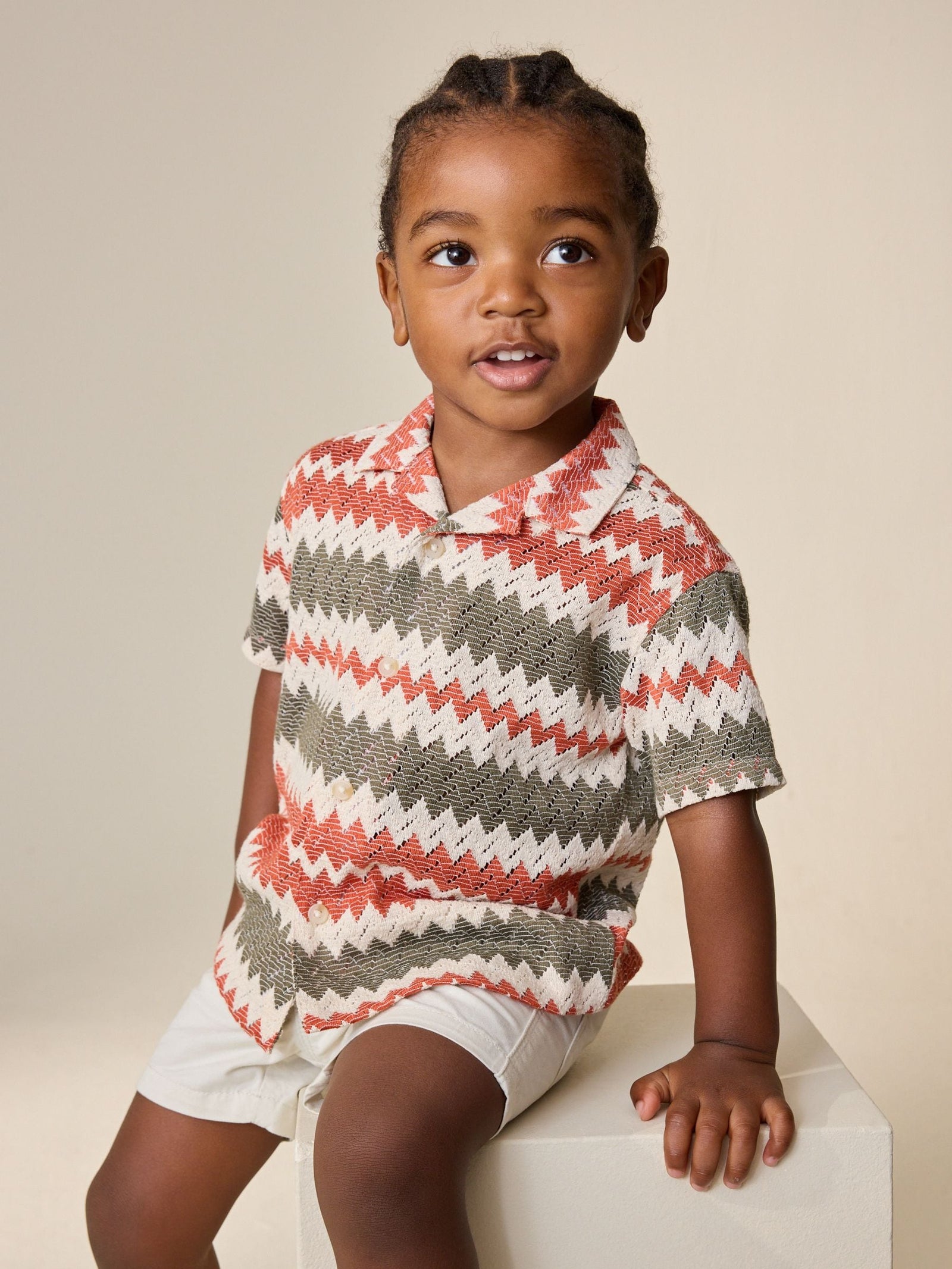 Red/Ecru Striped Short Sleeve Revere Collar Textured Shirt (3mths-7yrs)