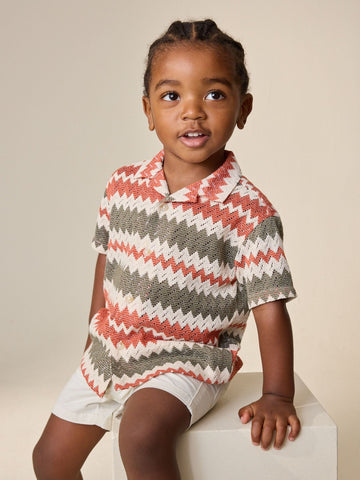 Red/Ecru Striped Short Sleeve Revere Collar Textured Shirt (3mths-7yrs)