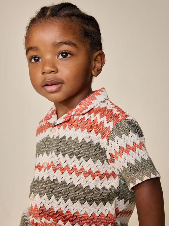 Red/Ecru Striped Short Sleeve Revere Collar Textured Shirt (3mths-7yrs)