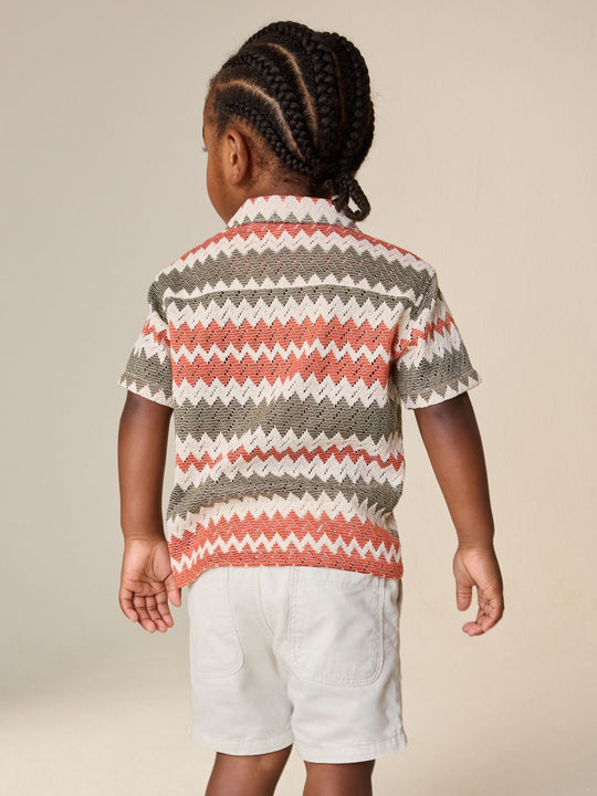 Red/Ecru Striped Short Sleeve Revere Collar Textured Shirt (3mths-7yrs)