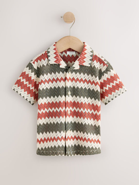 Red/Ecru Striped Short Sleeve Revere Collar Textured Shirt (3mths-7yrs)