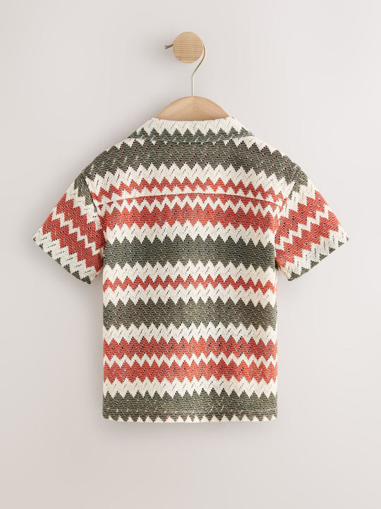 Red/Ecru Striped Short Sleeve Revere Collar Textured Shirt (3mths-7yrs)