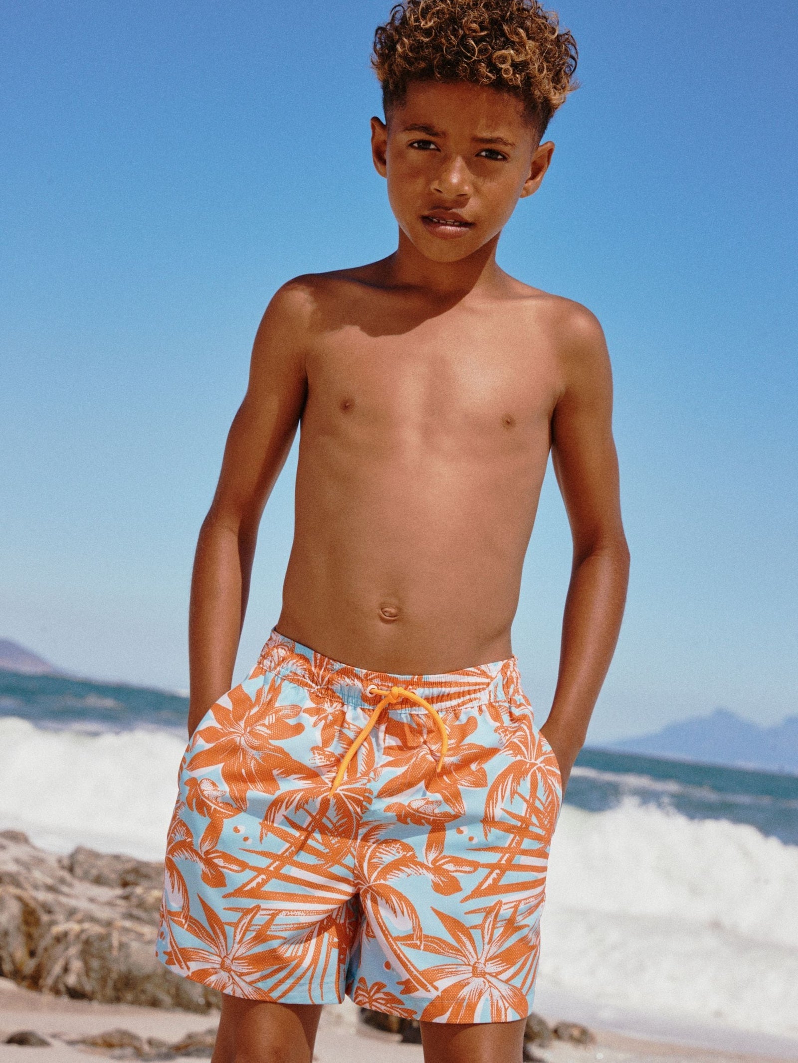 Orange Tropical Printed Swim Shorts (3-16yrs)