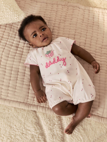 Ecru Fruit All Over Print I Love My Daddy Jersey Baby Romper immediate