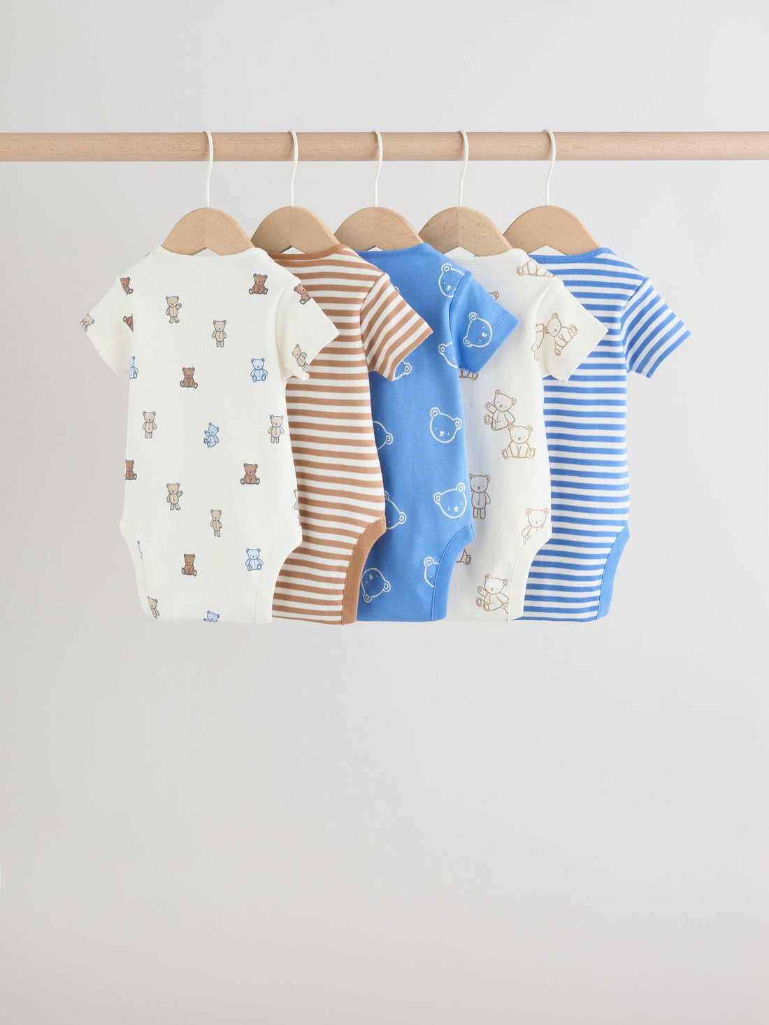 Blue/Ecru Bear Short Sleeve Baby Bodysuits 5 Pack