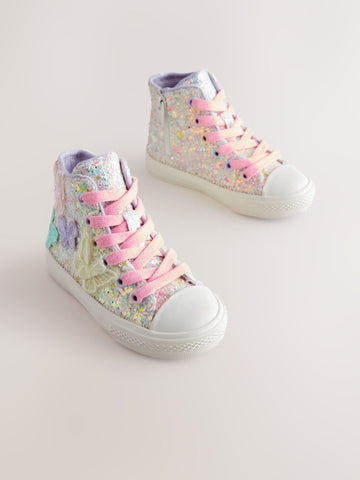 Multi Pastel Glitter Butterfly High Top Trainers