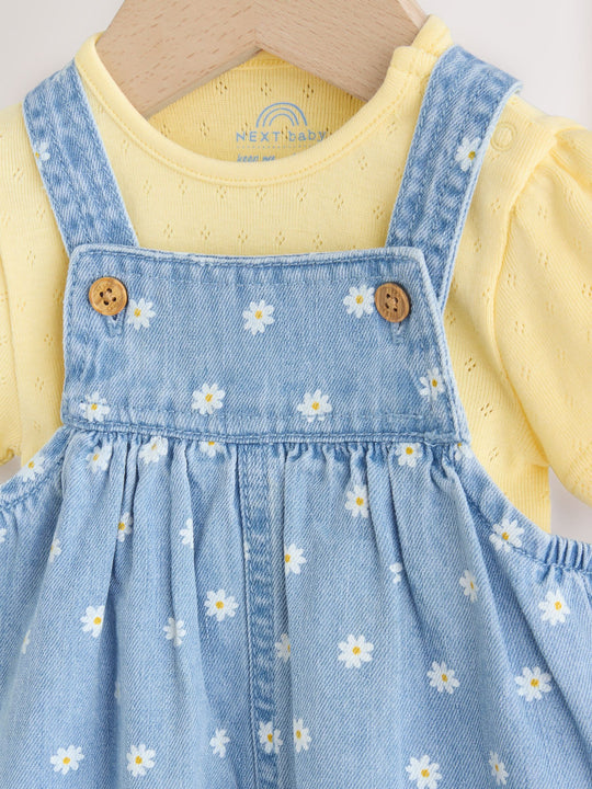 Denim Blue Daisy Dungaree and Bodysuit Baby 2 Piece Set (0mths-3yrs)