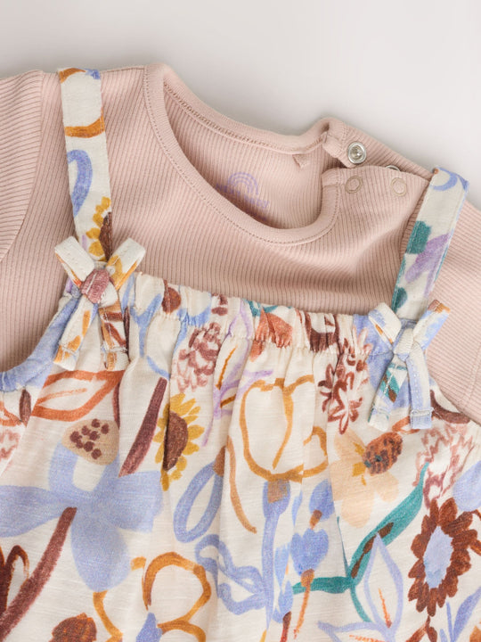 Purple Floral Baby Jersey Dungarees and Bodysuits Set 2 Piece (0mths-3yrs)
