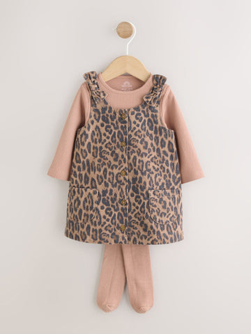 Leopard Print Pinafore Long Sleeve Bodysuit & Tights 3 Piece Set (0mths-2yrs)