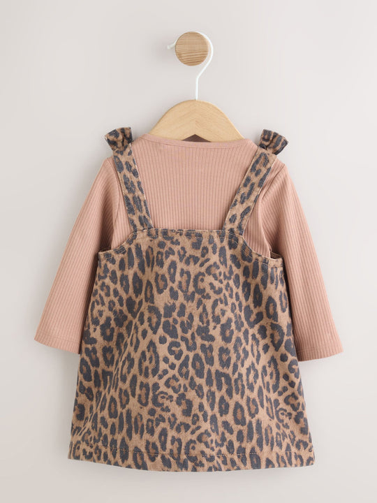 Leopard Print Pinafore Long Sleeve Bodysuit & Tights 3 Piece Set (0mths-2yrs)