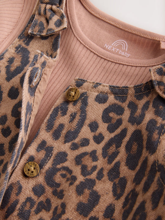 Leopard Print Pinafore Long Sleeve Bodysuit & Tights 3 Piece Set (0mths-2yrs)