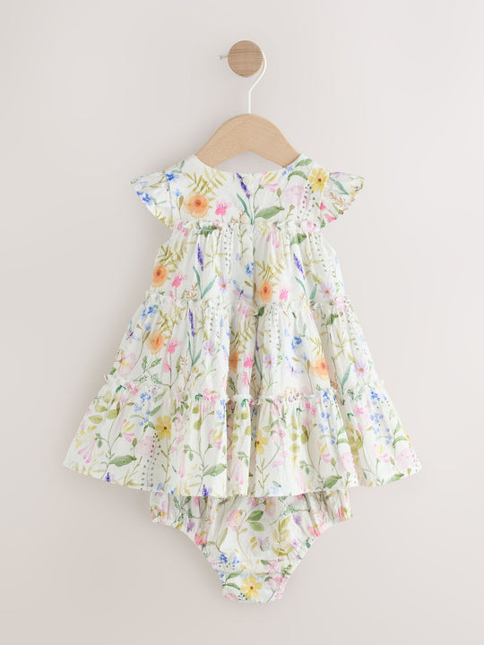 White Floral Baby Tiered Woven Dress and Knickers Set 2 Piece (0mths-2yrs)