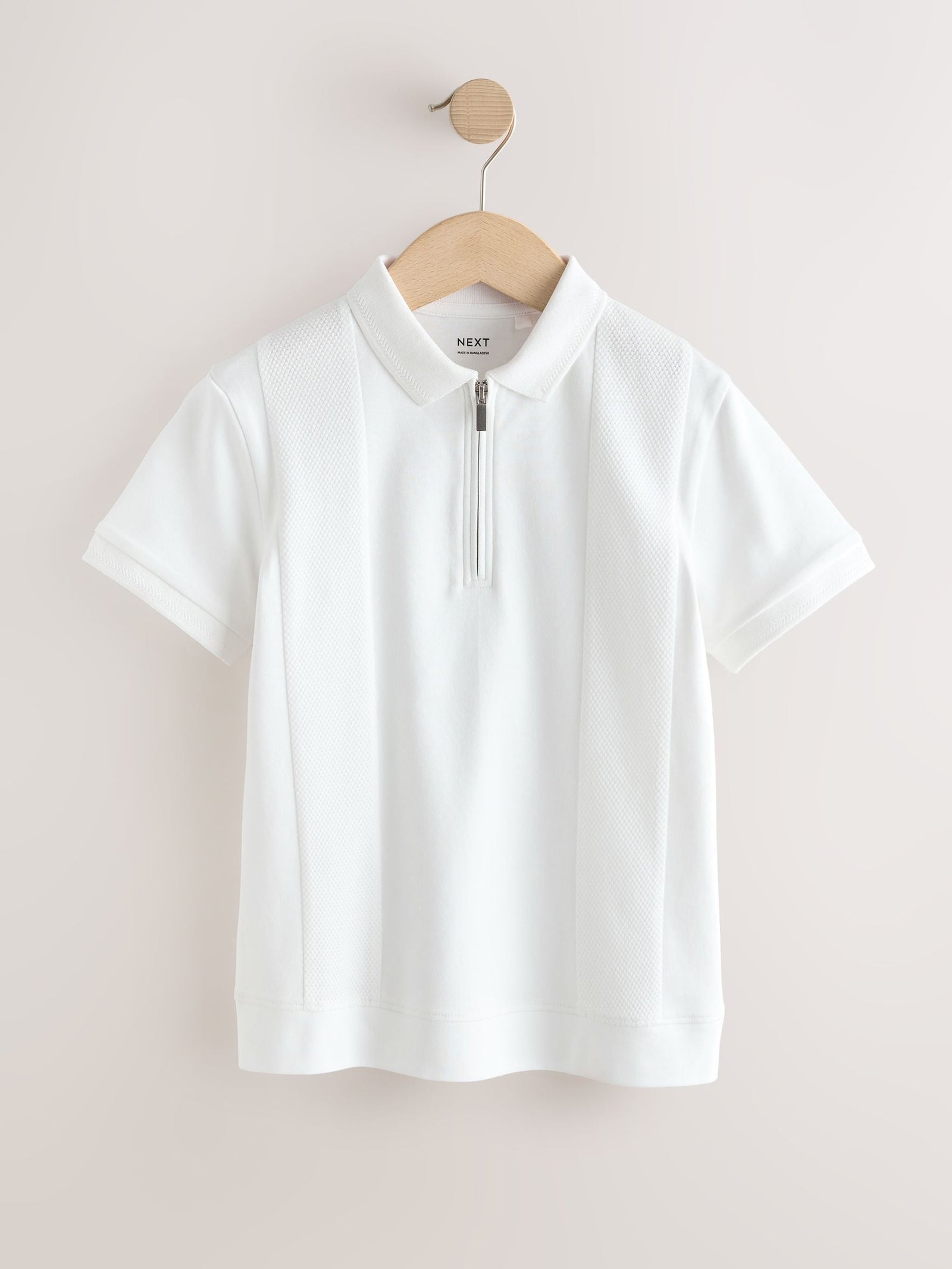 White Textured Short Sleeve Zip Neck Polo Shirt (3-16yrs)