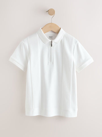 White Textured Short Sleeve Zip Neck Polo Shirt (3-16yrs)