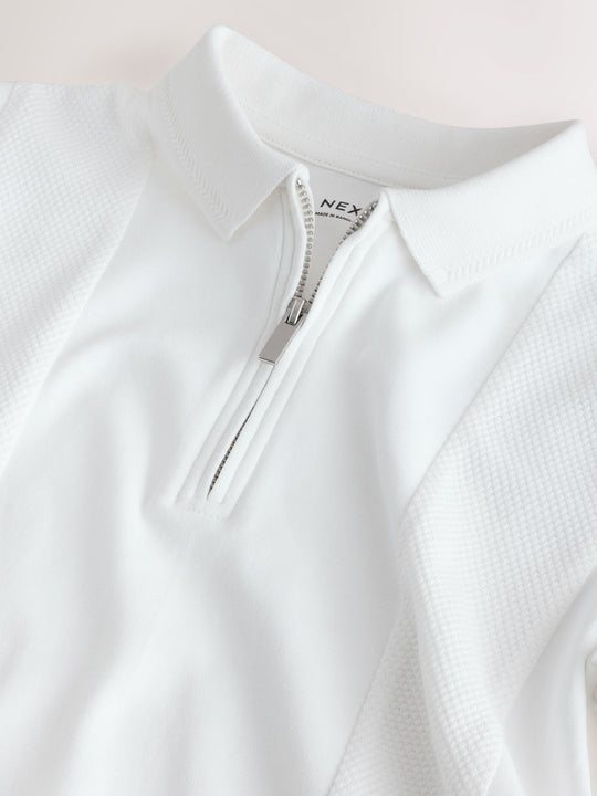 White Textured Short Sleeve Zip Neck Polo Shirt (3-16yrs)